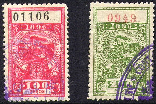 Argentina Santa-Fé Documents Tax steam train Revenue Stamps 1896